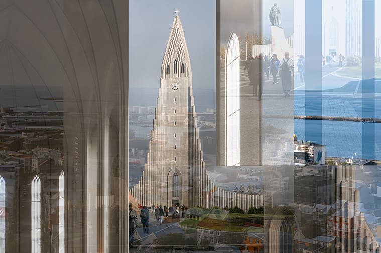 Fine art architectural photograph from the Passages series by Karen Palmer, featuring layered views of Hallgrimskirkja in Reykjavik, Iceland with multiple perspectives and overlapping moments
