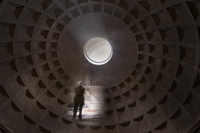 Fine art photograph of the Pantheon interior in Rome, layered composition with figure and oculus, from the Passages series by Karen Palmer