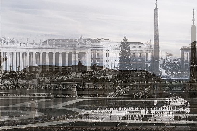 Fine art architectural photograph from the Passages series by Karen Palmer, featuring layered views of St Peter’s Square in Vatican City with overlapping perspectives and crowds
