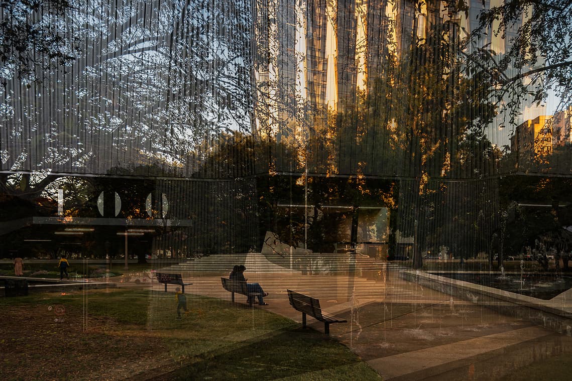 Fine art architectural photograph from the Passages series by Karen Palmer, featuring the St. Louis 100 building  and Forest Park.
