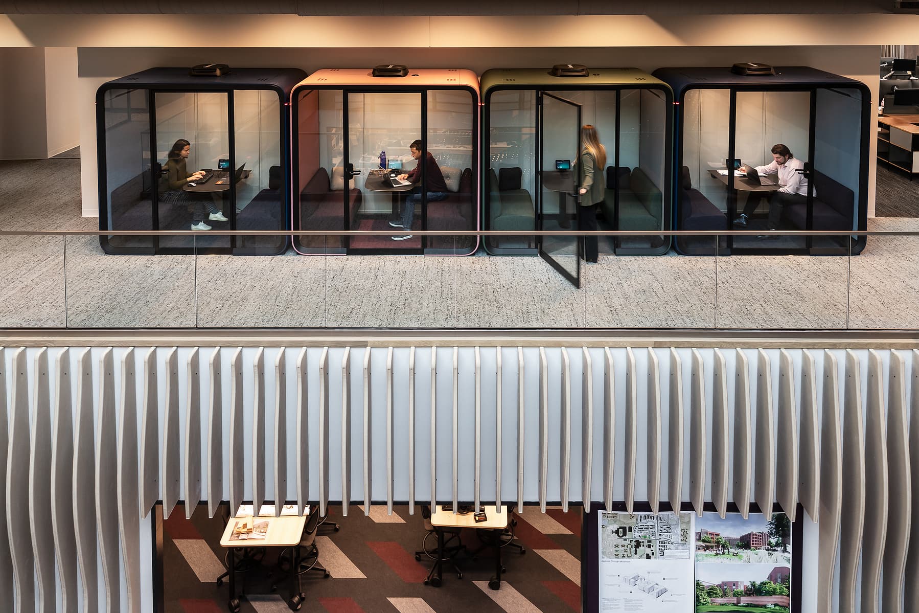 Karen Palmer photographer, showcasing a 4 pod installation and the work environment.  Project install by Framery in St. Louis, Missouri.