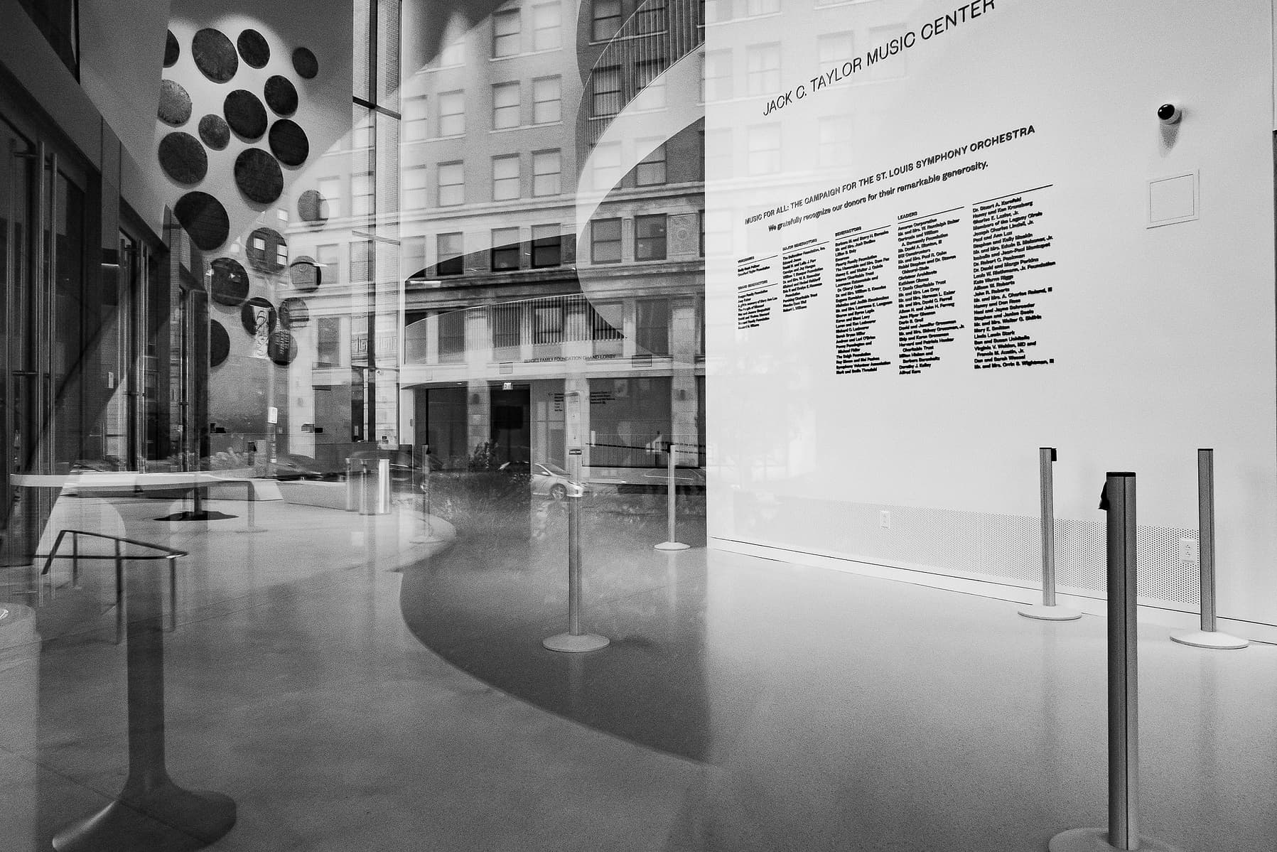 Black and White view, looking into the Powel Hall windows, morning time.