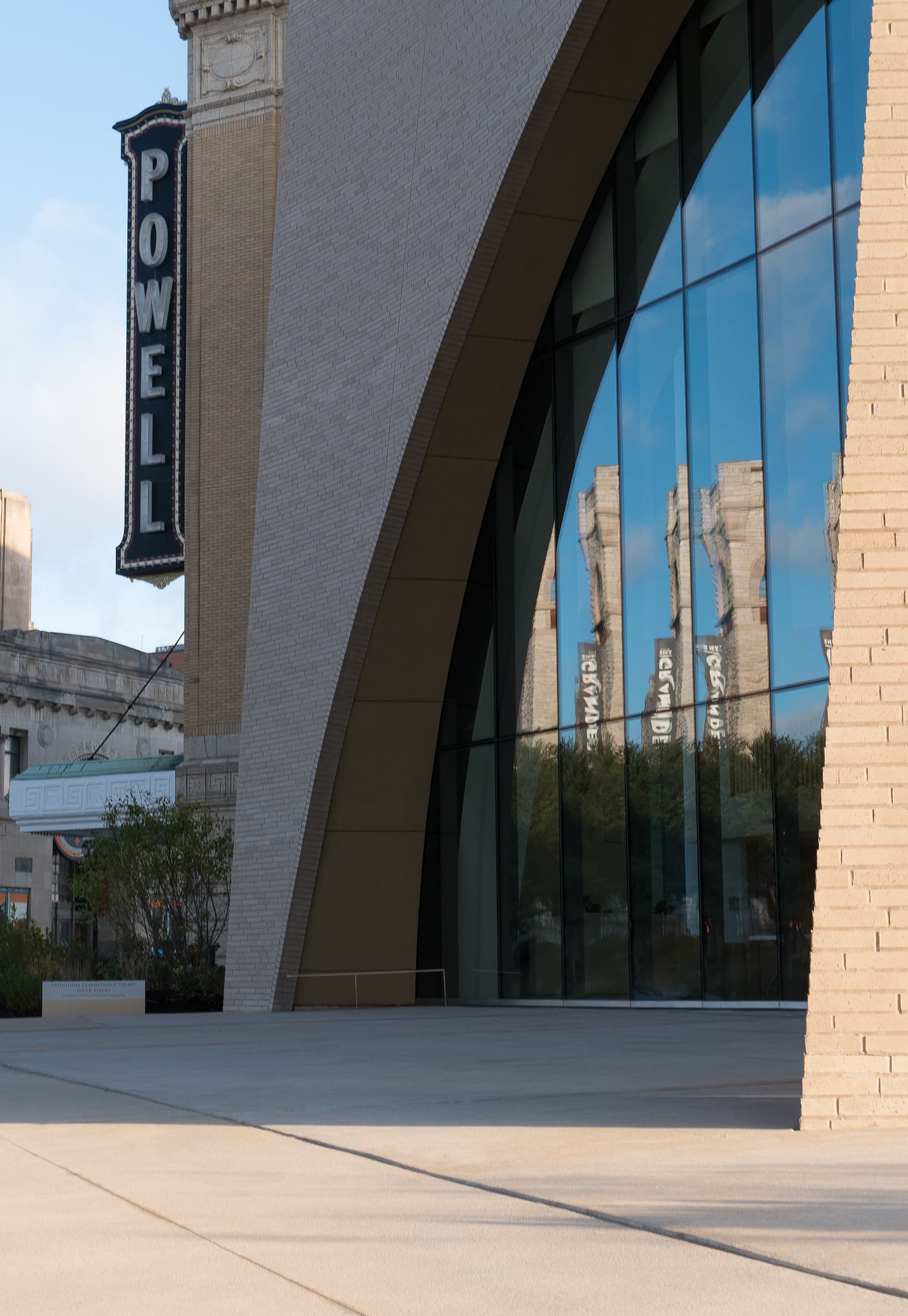 City scape reflections if the Facade of the Jack C Taylor Music Center