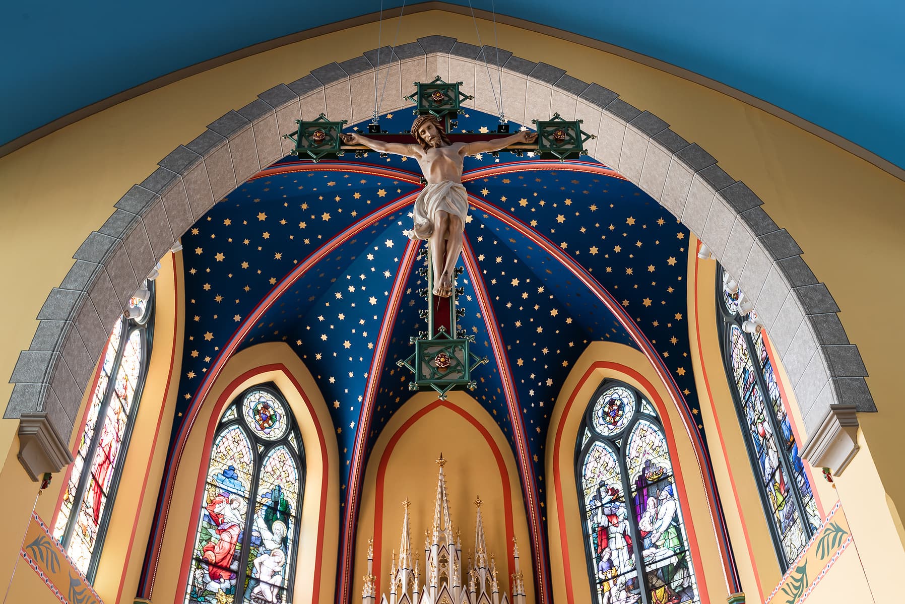 historical renovation of St. Mary Catholic Church in Chester, Illinois, Karen Palmer St. Louis Architectural Photographer, crucifix, barrel ceiling details
