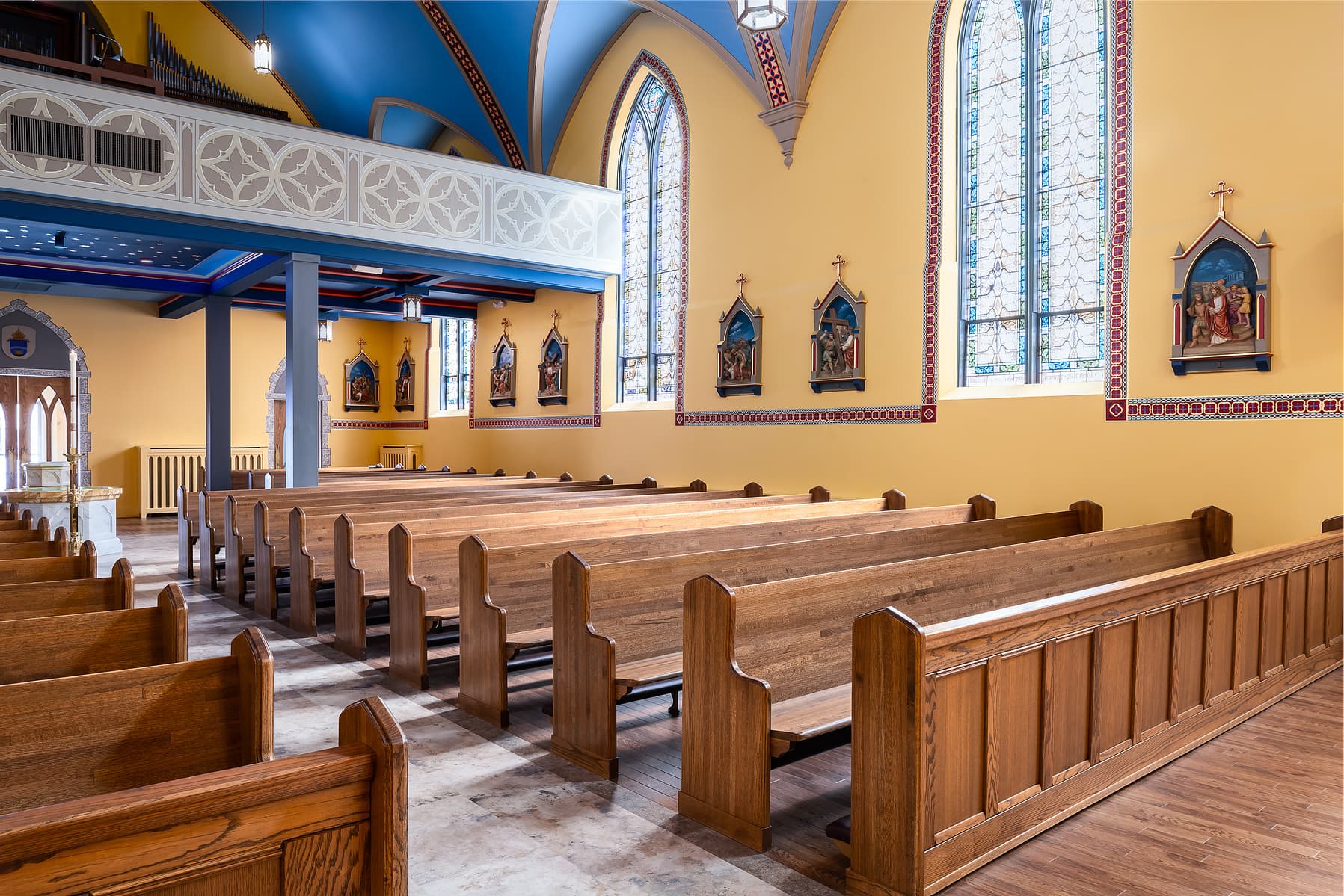 historical renovation of St. Mary Catholic Church in Chester, Illinois, Karen Palmer St. Louis Architectural Photographer, pews