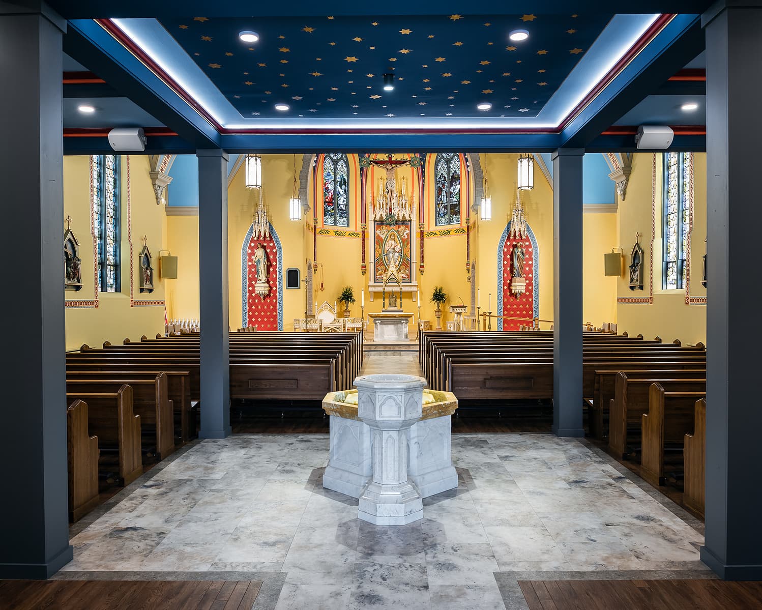 historical renovation of St. Mary Catholic Church in Chester, Illinois, Karen Palmer St. Louis Architectural Photographer, baptismal font