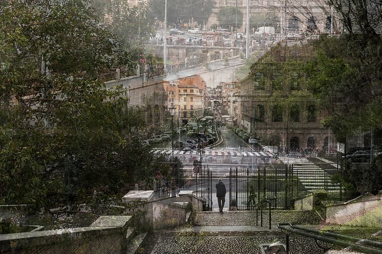 Fine art architectural photograph from the Passages series by Karen Palmer, featuring layered views of a Rome city street with overlapping perspectives and a solitary figure