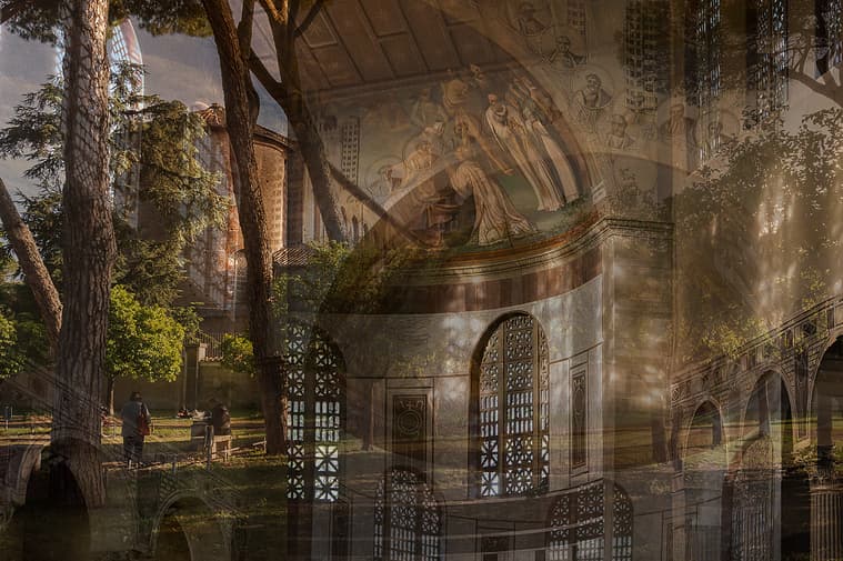 Fine art architectural photograph from the Passages series by Karen Palmer, featuring layered views of the Basilica di Santa Sabina in Rome with overlapping interior and exterior perspectives